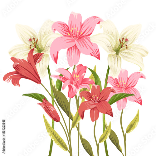 Fototapeta Naklejka Na Ścianę i Meble -  Bouquet of colorful spring flowers and leaf illustration design for background floral pattern Vanda Orchid Anthurium Pink Lily Flowers Blue Flower Watercolour Perfect for Wedding Card Design 