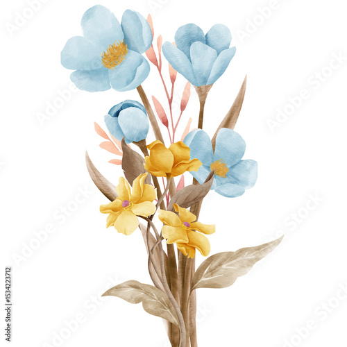 Fototapeta Naklejka Na Ścianę i Meble -  Bouquet of colorful spring flowers and leaf illustration design for background floral pattern Vanda Orchid Anthurium Pink Lily Flowers Blue Flower Watercolour Perfect for Wedding Card Design 