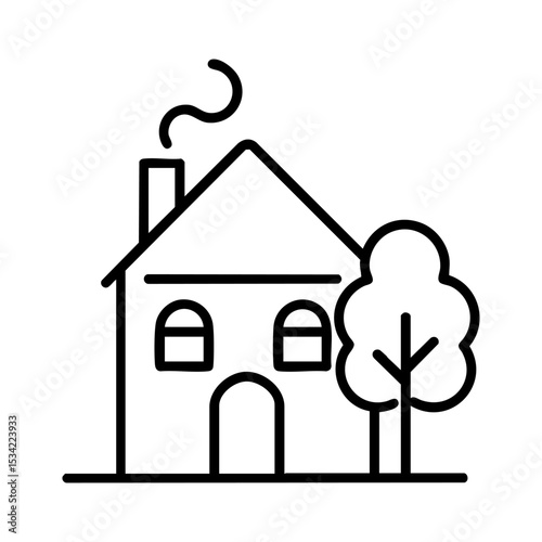 Vector outline icon of a house with chimney and tree. Minimal black linear design, perfect for real estate, home, housing, moving, housewarming themes, infographics, web design, and mobile apps.