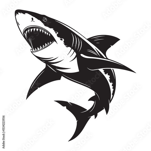 Shark jumping vector illustration isolated on blue ocean background with silhouette fin and underwater marine wildlife icon