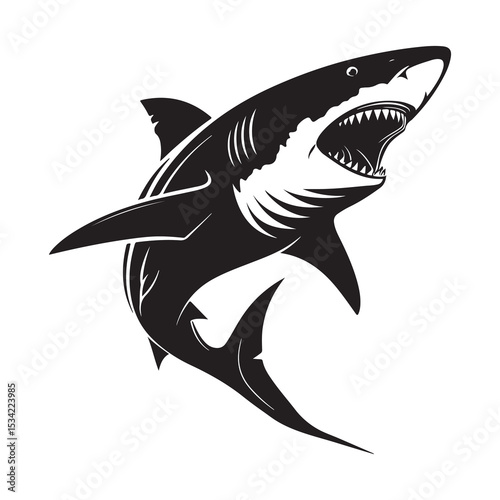 Great white shark vector illustration swimming underwater in the ocean with blue aquatic silhouette logo
