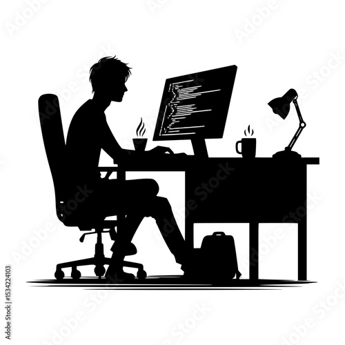 Silhouette of programmer working at desk