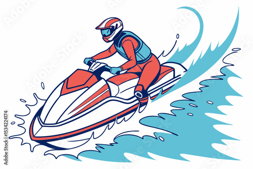 Man riding a jet ski at high speed with water splash in vector illustration