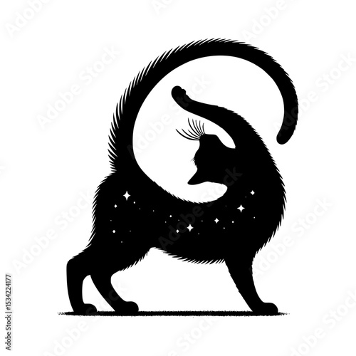 Silhouette of a playful cat with stars