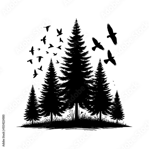 Silhouette of pine trees and flying birds