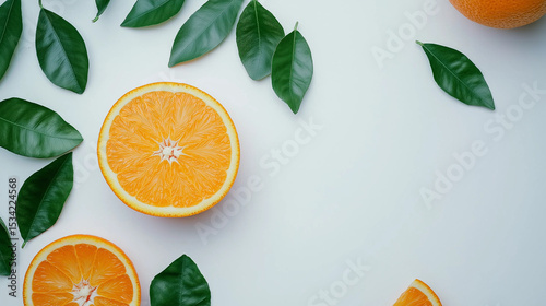 Overhead shot of sliced oranges and green leaves arranged on a white surface creating a fresh look