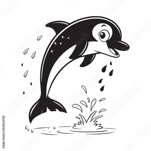 Cartoon dolphin jumping in the ocean as a vector silhouette illustration