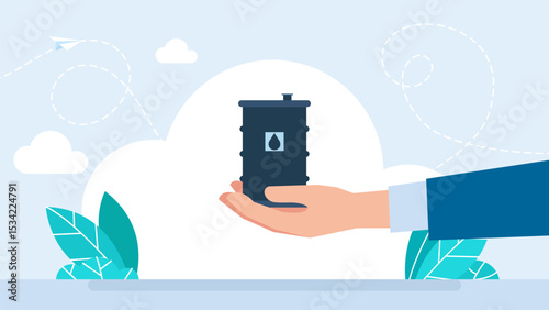 Offer on the oil market. Businessman or politician trades oil. Hand holding an oil barrel. Seller. Vector illustration