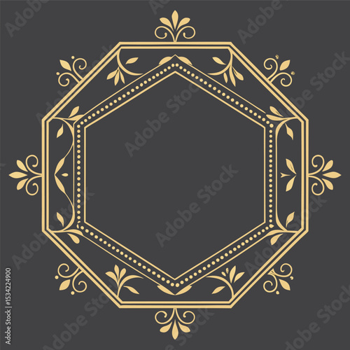 Elegant decorative gold octagon frame with floral design and dark gray background