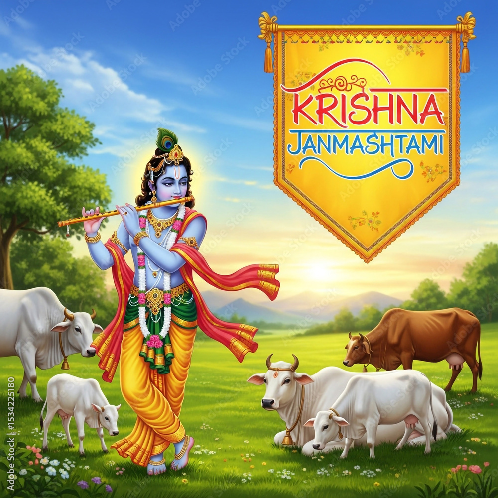 Fototapeta premium Krishna Janmashtami: Lord Krishna with Cows