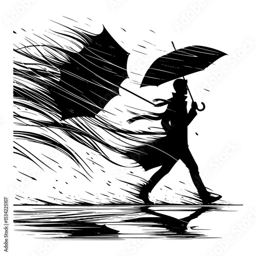 Silhouette of man walking in strong wind with umbrellas