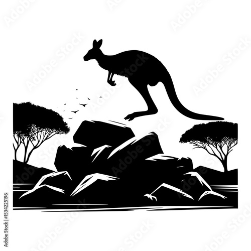 Silhouette of kangaroo leaping over rocks at sunset