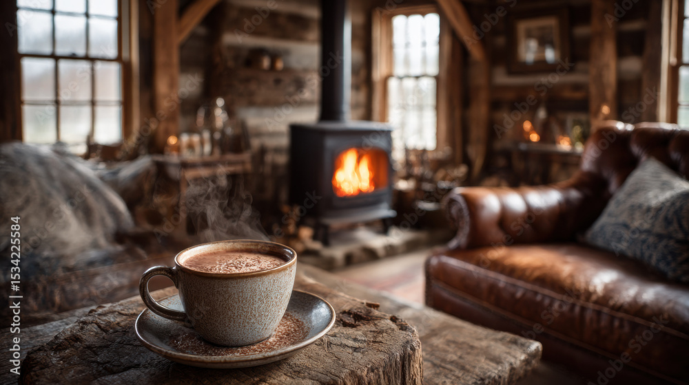 Obraz premium Cozy cabin interior with steaming cup of hot chocolate on wooden table, warm fireplace, and rustic decor