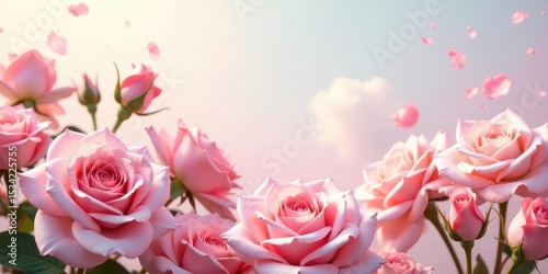A Delicate Bouquet of Pink Roses with Falling Petals Against a Soft, Pastel Sky