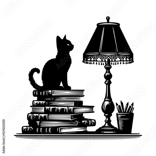Black cat sitting on books near table lamp