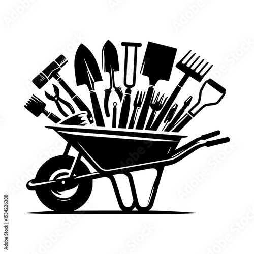Gardening tools in a wheelbarrow black and white illustration