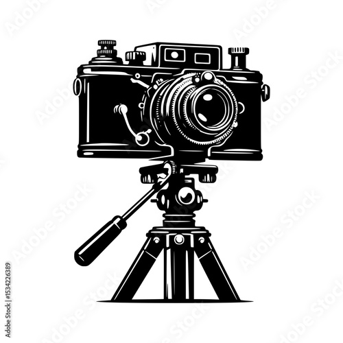 Vintage camera on tripod black and white illustration