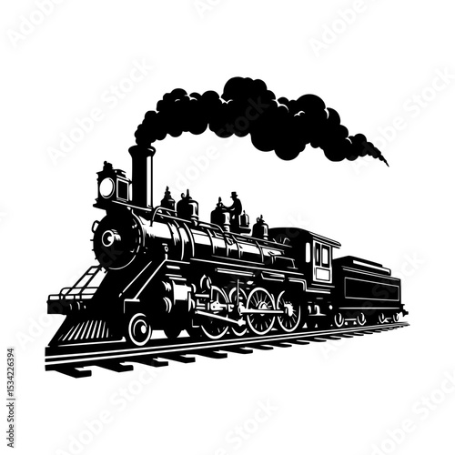 Vintage steam locomotive train black and white illustration