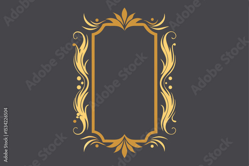 Elegant golden rectangular frame with floral ornamentation on a dark grey background
