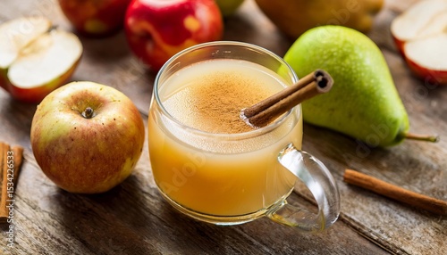 Wallpaper Mural Hot apple cider with cinnamon sticks, apples and pears on wooden table Torontodigital.ca