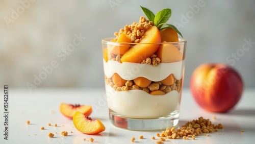 A refreshing layered dessert featuring creamy yogurt, sweet peach slices, and crunchy granola, garnished with a delicate mint sprig