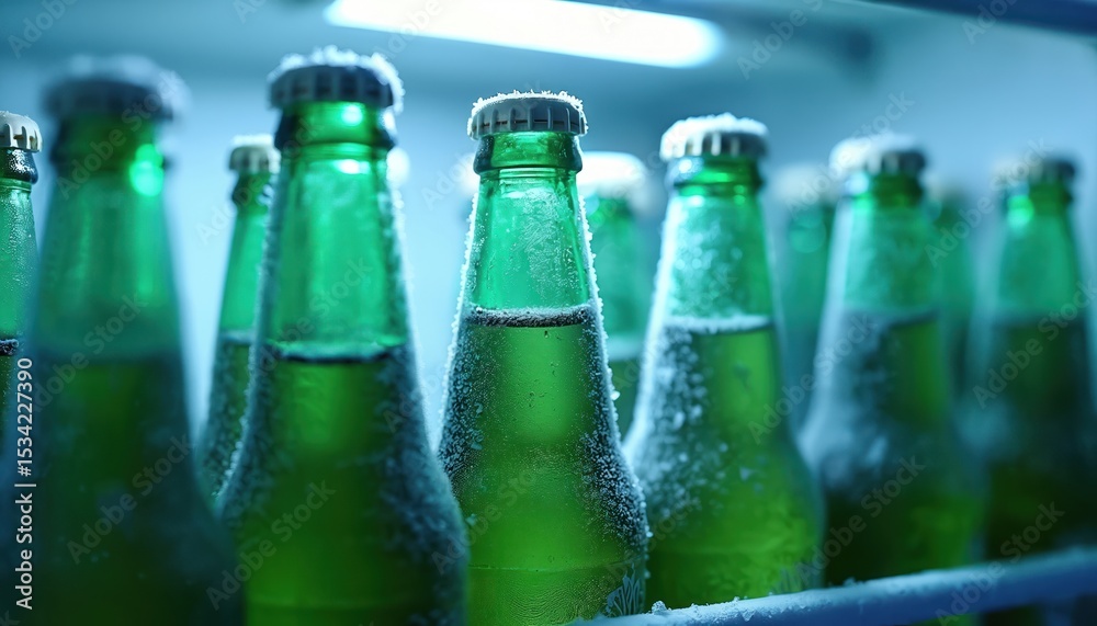 Close-up view of cold beer bottles in fridge. Refreshing glass bottles covered frost, moisture, condensation ready for drink at the bar or pub. Chilling, summer party, relaxation. Cold drink, ice. Close-up view of cold beer bottles in fridge. Refreshing glass bottles covered frost, moisture, condensation ready for drink at the bar or pub. Chilling, summer party, relaxation. Cold drink, ice.