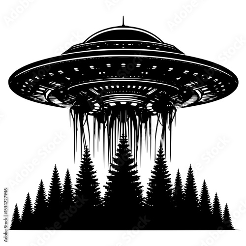Ufo over forest silhouette illustration