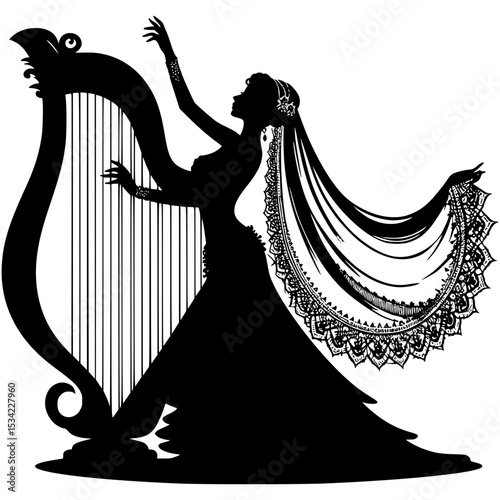 Silhouette of bride playing harp in wedding dress