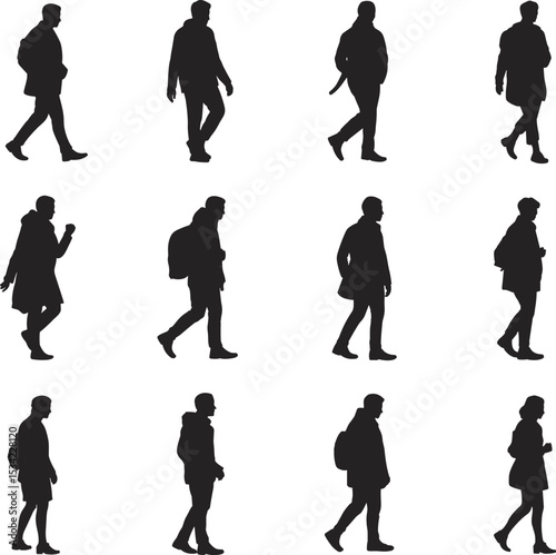 "Silhouettes of walking people wearing backpacks and coats, isolated on white background for travel, street scene, motion, and lifestyle concepts"