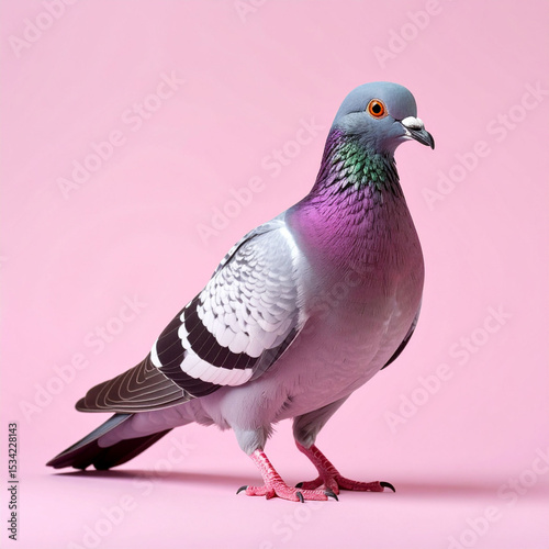 the image features a bird standing against a plain backdrop. the bird has gray wings with black and white markings, a purple chest, and a bluish gray head photo