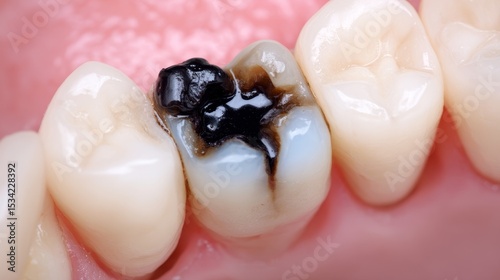 Close-up of a child's decayed baby tooth with caries, black plaque, missing enamel, and loose filling, showing dental damage, poor oral hygiene, and early tooth loss in young children