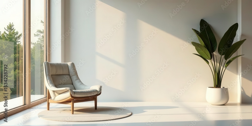 Fototapeta premium Serene Minimalist Room Decor Upholstered Lounge Chair, Potted Plant, and Sunlight Streaming Through Large Window