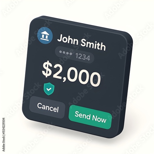 Secure Fund Transfer Confirmation Modal – 3D Isometric UI in Dark Mode