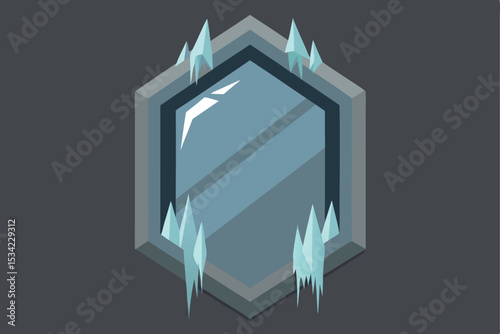 Isometric hexagonal winter window frame design with ice and snowy icicles vector illustration