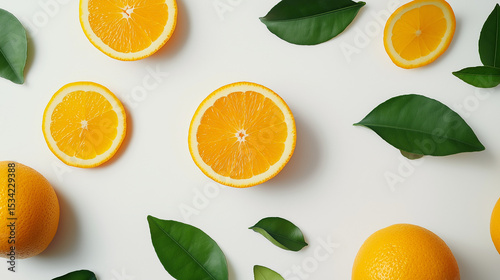 Flat lay of oranges and green leaves on a white background creating a vibrant and fresh composition