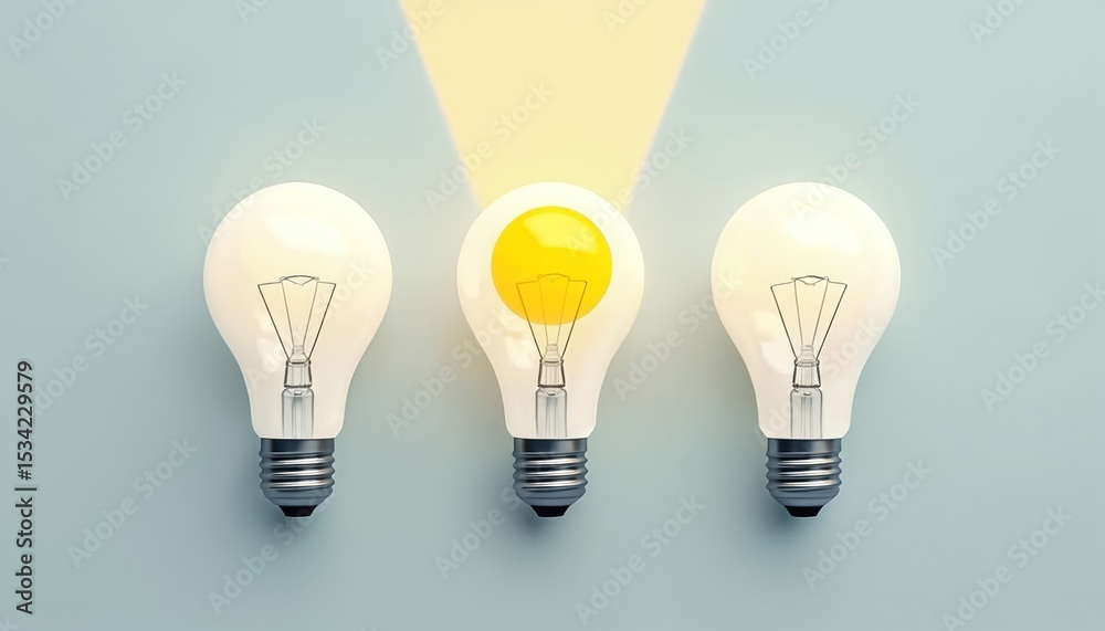 Three light bulbs, one shines bright, creativity, innovation, idea. Concept business strategy, education, leadership, new ideas. Symbol of inspiration, solution, brainstorming, teamwork, success. Three light bulbs, one shines bright, creativity, innovation, idea. Concept business strategy, education, leadership, new ideas. Symbol of inspiration, solution, brainstorming, teamwork, success.