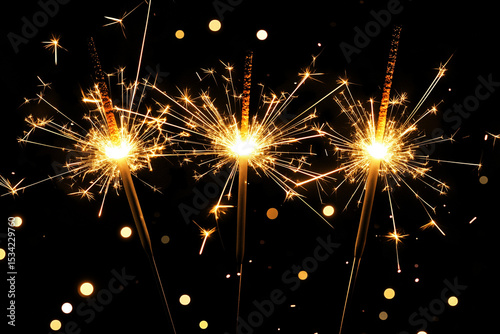 Bright Sparklers on Dark Background. Bright sparklers glowing against a dark background, perfect for holiday and celebration designs.