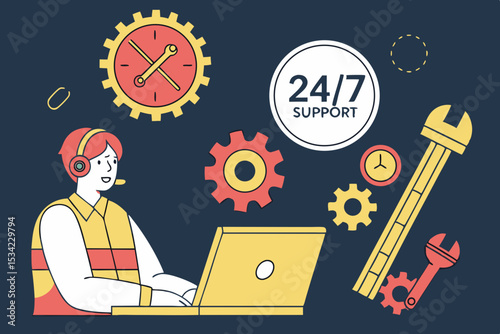 Customer service technician offering 24:7 support with headset and laptop