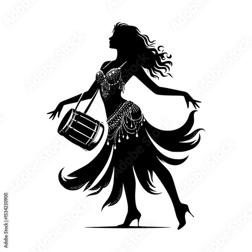 Silhouette of belly dancer with dhol drum