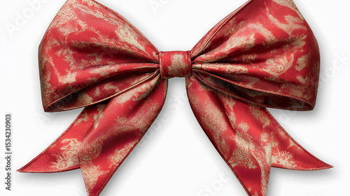 Close up of a decorative red and gold patterned bow against a plain white background studio shot