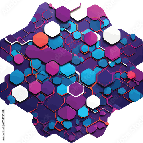 Vivid Purple Pink Blue and White Hexagon Pattern Abstract 3 D Geometric Shapes Futuristic Technology Background