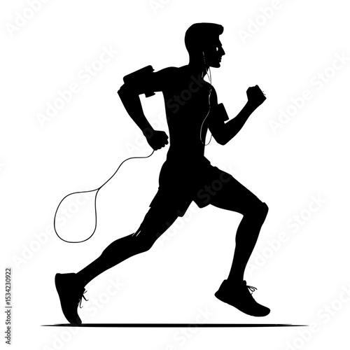 Silhouette of a man jogging with headphones and phone