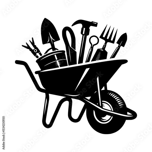 Gardening tools in a wheelbarrow illustration