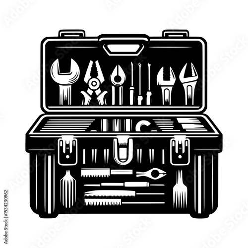 Open tool box with various hand tools