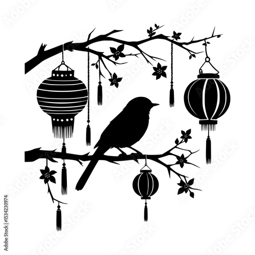 Silhouette bird on branch with asian lanterns
