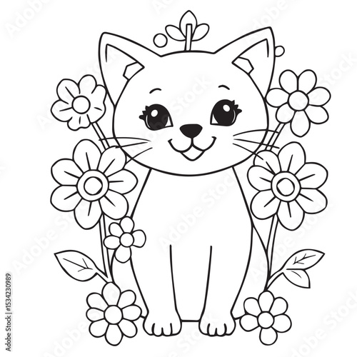Vector art of a cute kitten with a crown surrounded by flowers, isolated on white background