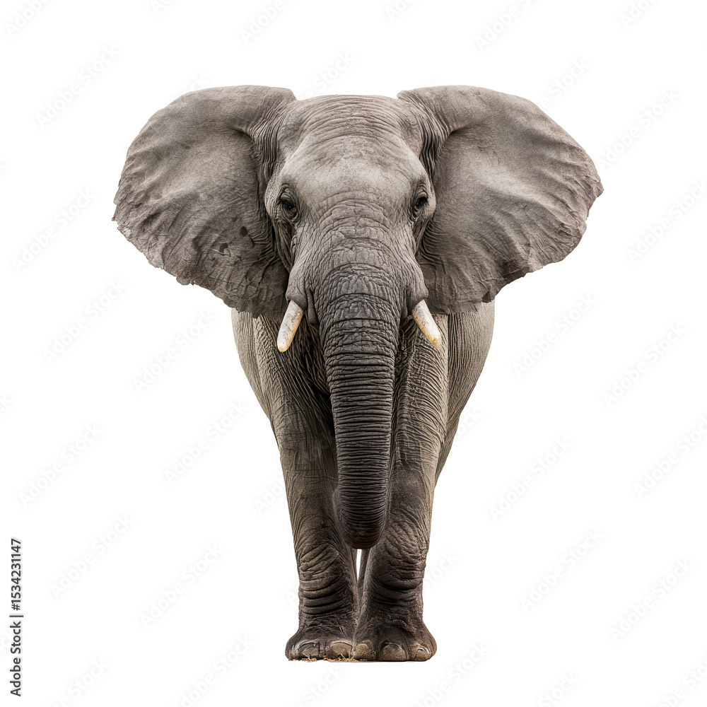 Obraz premium Majestic African elephant standing proud against a clean white backdrop, showcasing elegance and strength in its natural form