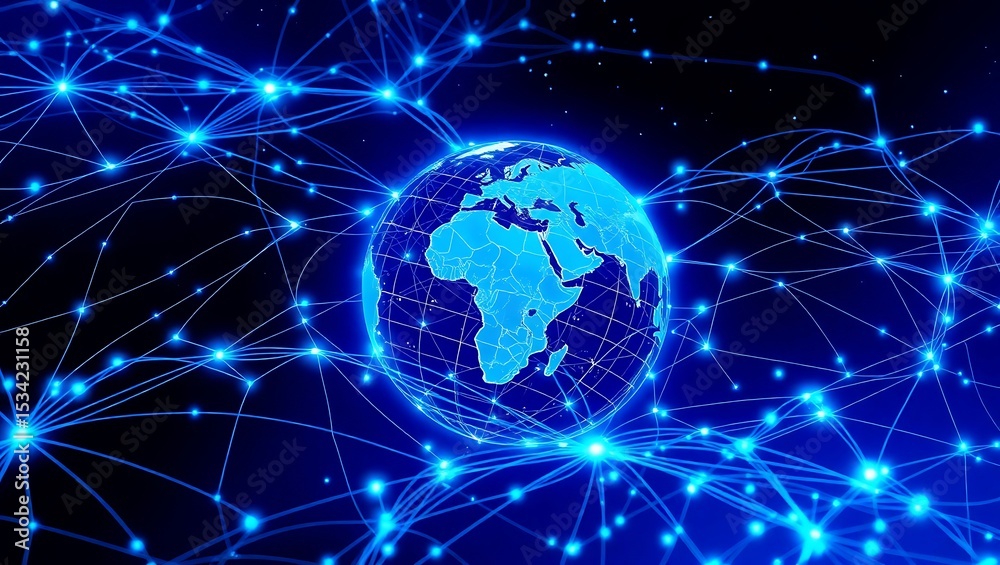 Naklejka premium Global Network Interconnected World, Digital Connections, and Global Communication