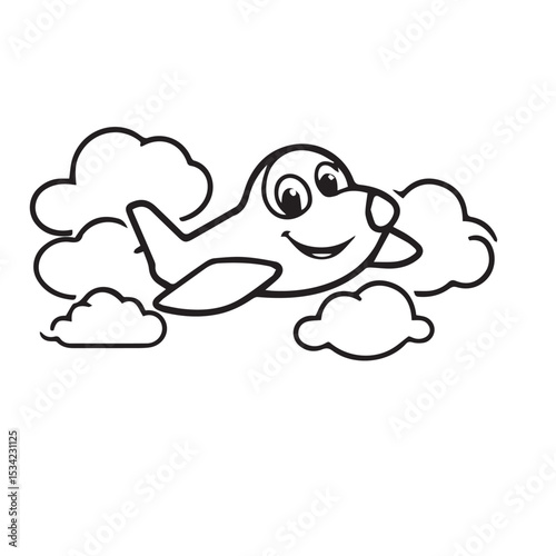Vector art of a cheerful cartoon airplane soars among fluffy white clouds, isolated on white background