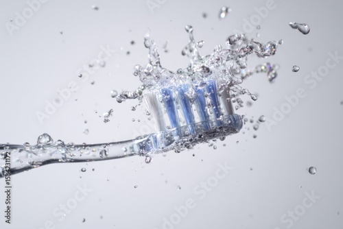 a toothbrush caught mid-motion as it flings droplets of water in slow arcs, just after being flicked dry, suspended in a pristine white studio. 